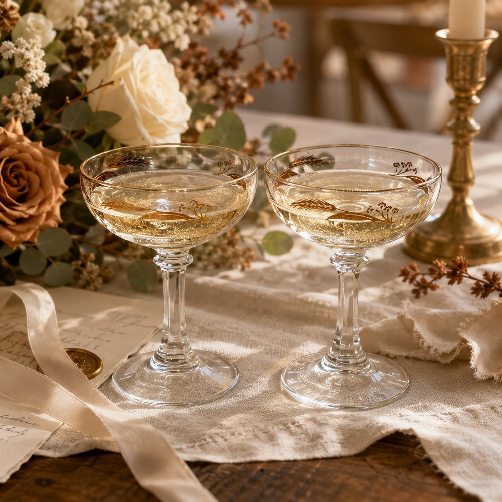 Vintage Gold Wheat Coupe Glasses Pair Champagne Cocktail Coupes Toasting Glasses